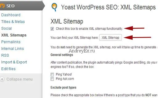 Включить XML WordPress Sitemaps в плагине WordPress SEO