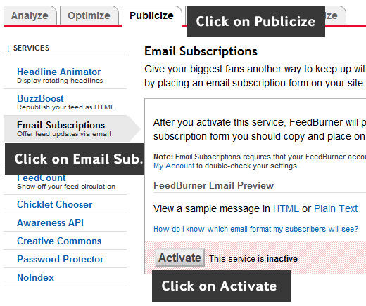 Активация подписки на электронную почту в FeedBurner