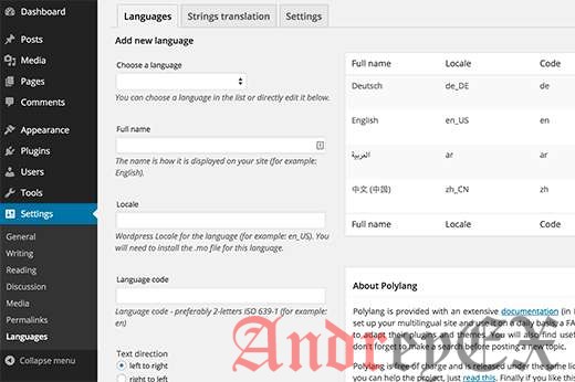Страница настроек Polylang