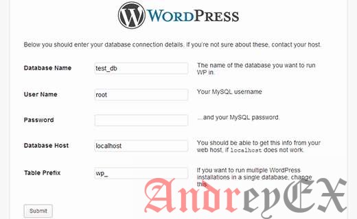 Предоставление информации о базе данных, чтобы установить WordPress на локальном хосте с WAMP