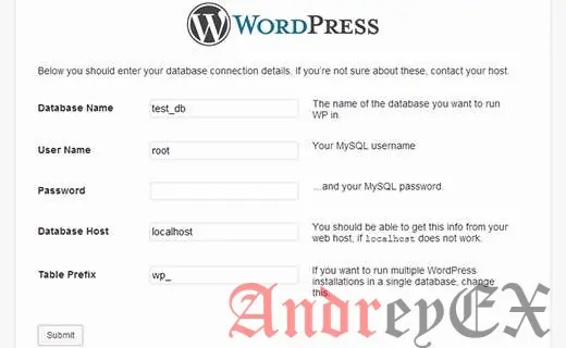 Предоставление информации о базе данных, чтобы установить WordPress на локальном хосте с WAMP