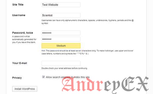 Страница установки WordPress