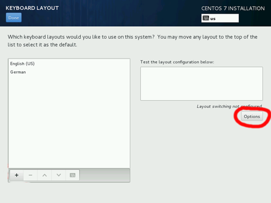Настойка раскладки клавиатуры в установке CentOS 7