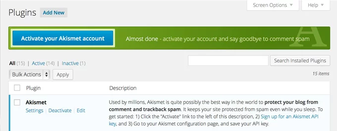 Активация аккаунта Akismet в WordPress