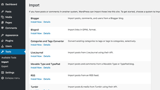 Экран импорта в WordPress 4.6