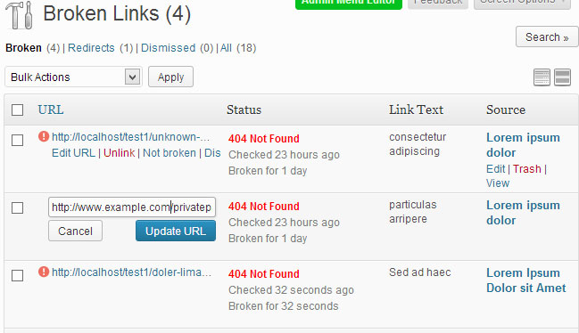Edit url. Bulk Actions.