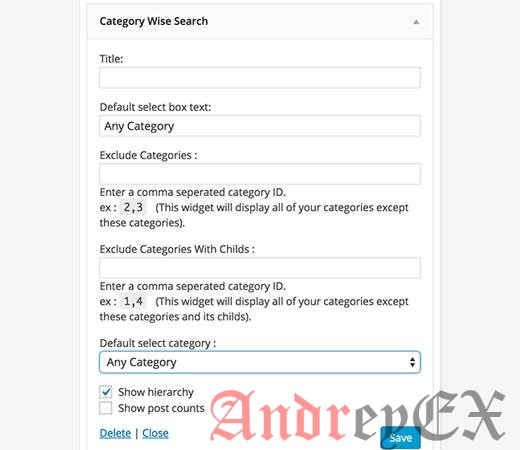 Настройки виджета поиска по Категориям