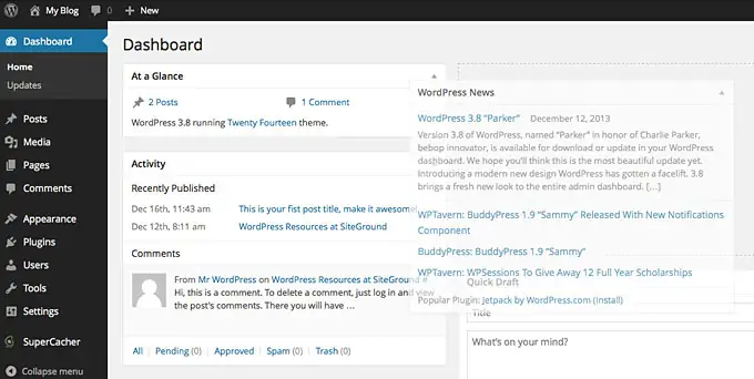 Отображение виджетов на главном окне панели управления WordPress