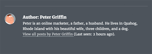 Показана последняя информация для входа пользователя в поле био автора