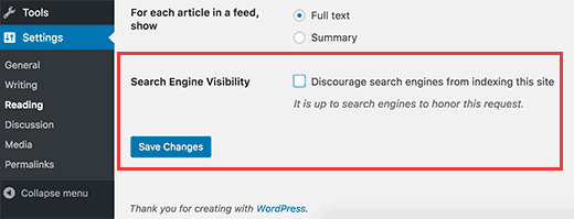 Попросить поисковые системы не индексировать сайт в WordPress