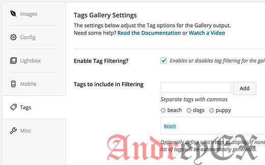 Включение фильтрации тегов для галереи, созданной с Envira Gallery