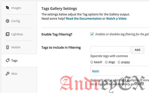 Включение фильтрации тегов для галереи, созданной с Envira Gallery