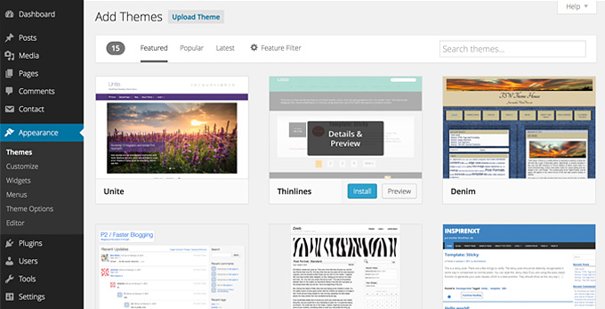 Выбрать и установить тему из официального каталога тем WordPress