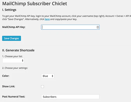 Настройки MailChimp Subscriber Chiclet