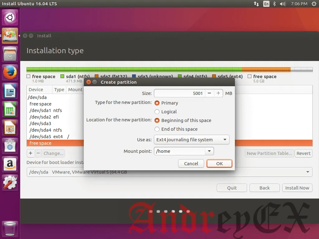 Создание домашнего раздела для Ubuntu 16.04