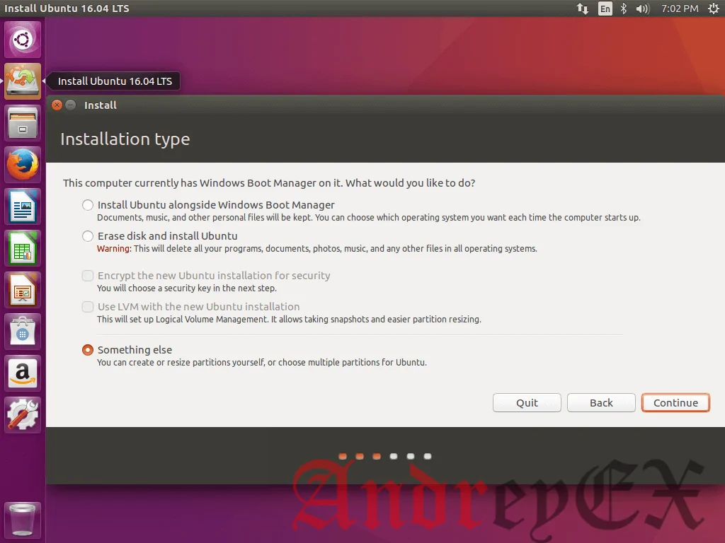 Выберите тип установки Ubuntu 16.04