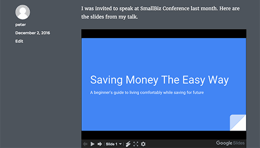 Предварительный просмотр презентации Google Слайды в WordPress
