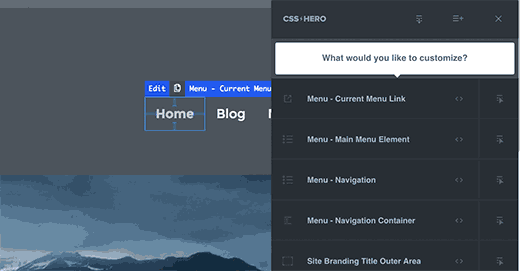 Укажите и нажмите на меню навигации в CSS Hero
