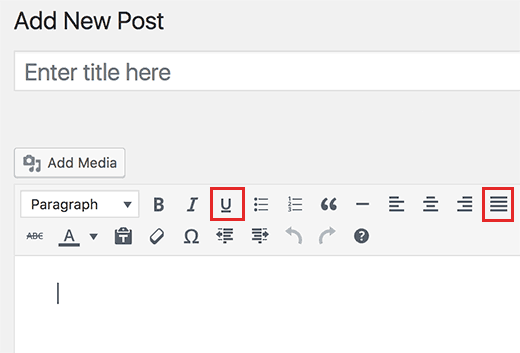 текстовые кнопки подчеркивания и выравнивания добавлены назад в редактор постов WordPress
