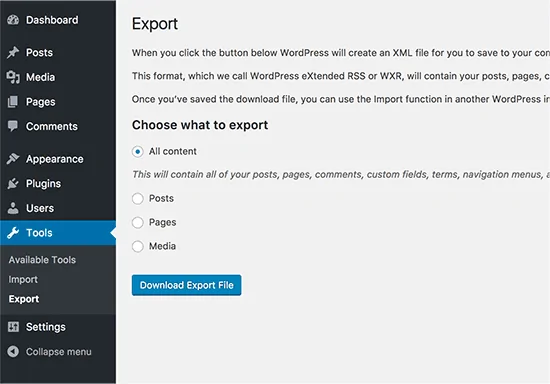 Экспорт контента со старого сайта WordPress