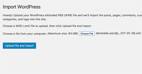 Загрузить файл импорта WordPress