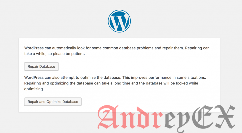 страница ремонта базы данных в WordPress