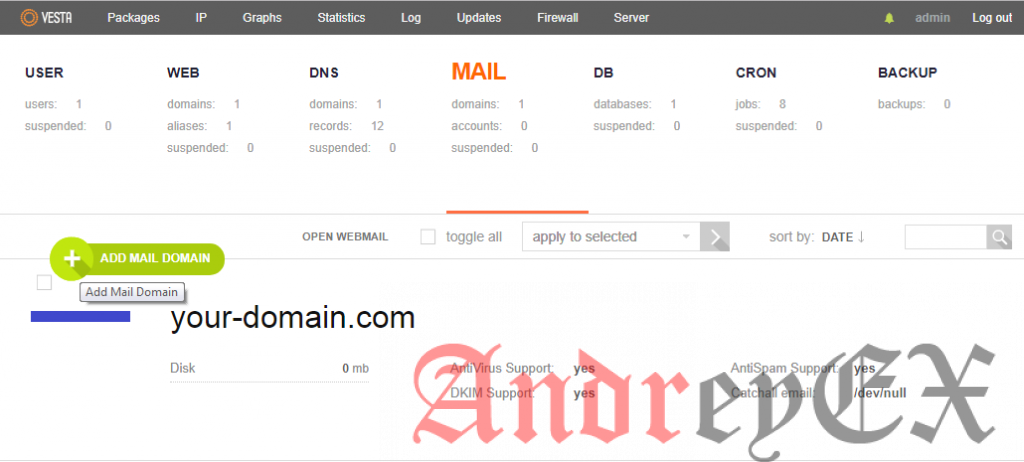 Добавление учетной записи электронной почты домена в vestacp