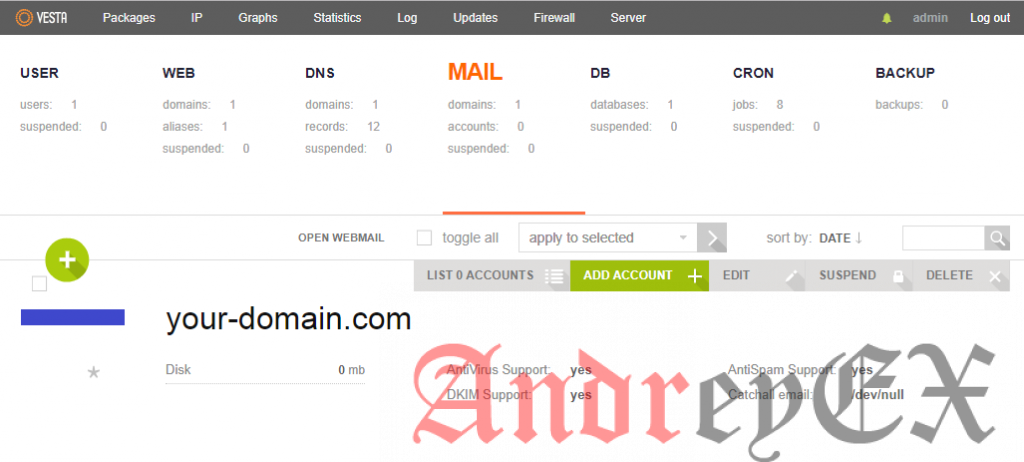 Добавление учетной записи электронной почты в vestacp