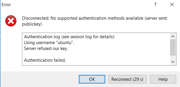 Как решить ошибку Disconnected No supported authentication methods available (server sent publickey) с Ubuntu в AWS EC2