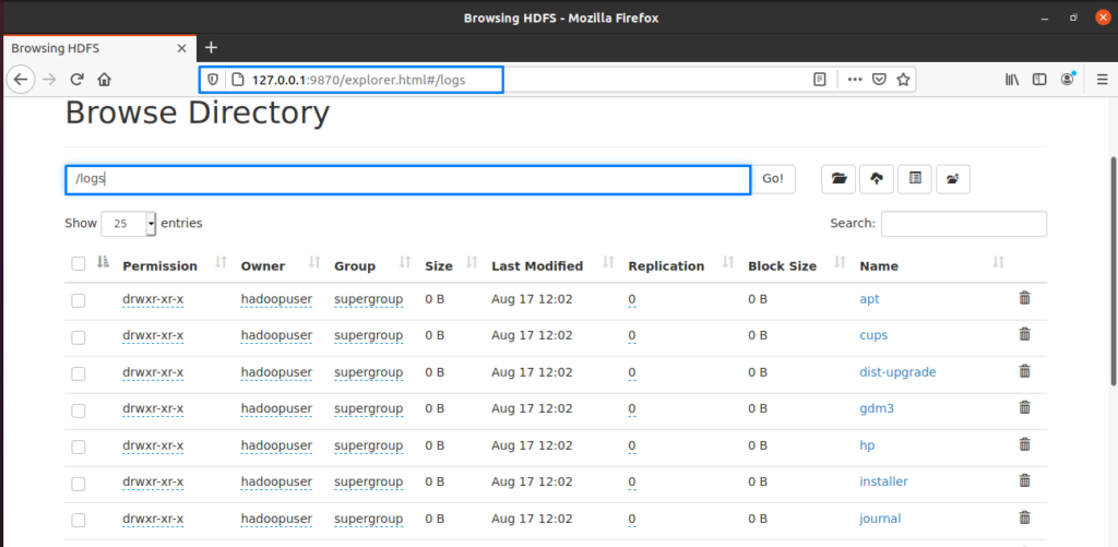 В веб-интерфейсе Hadoop вы можете найти « Каталог просмотра », прокрутив открытую веб-страницу вниз следующим образом
