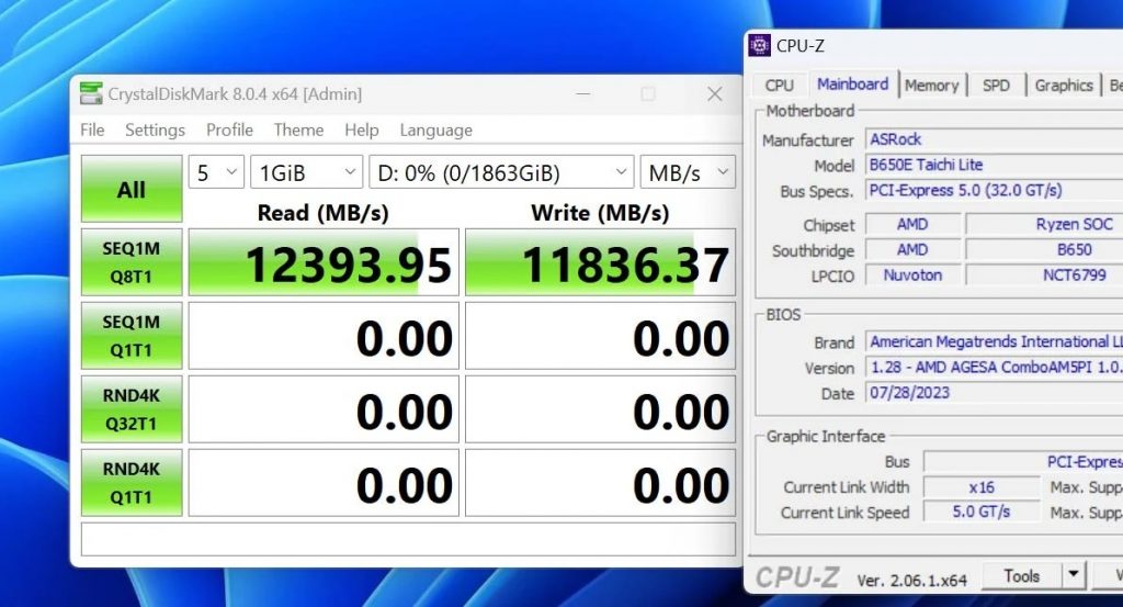 Crucial T700 работает чертовски быстро на B650 Taichi Lite.