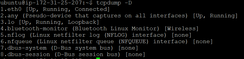 Рис. 1: Показаны доступные интерфейсы с использованием tcpdump