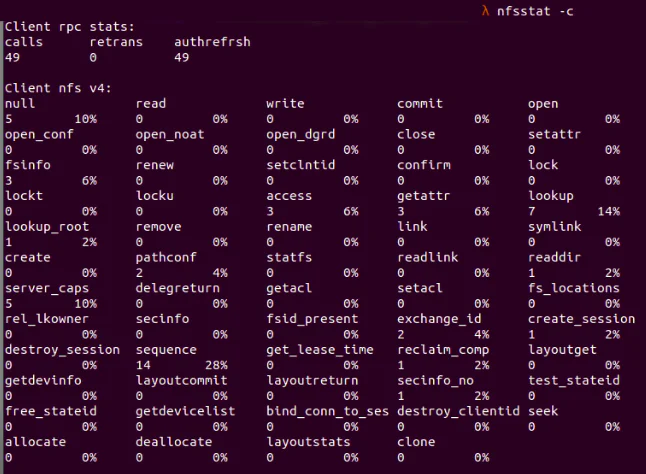 Рис. 2: Информация о клиенте NFS отображается при запуске nfsstat -c