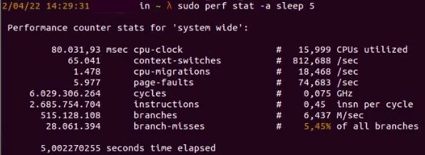 Рис. 6: Команда perf показывает статистику в течение 5 секунд