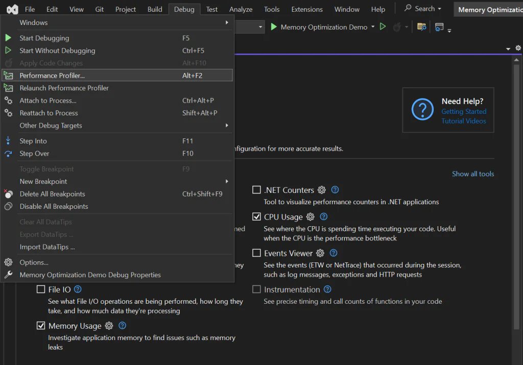 Рис. 1: Меню отладки Visual Studio, показывающее профилировщик производительности