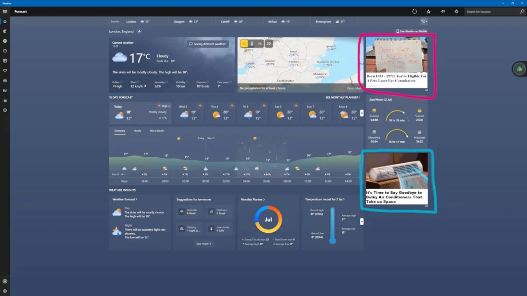 Windows 11 получает еще больше рекламы, поскольку Microsoft раздувает приложение Weather
