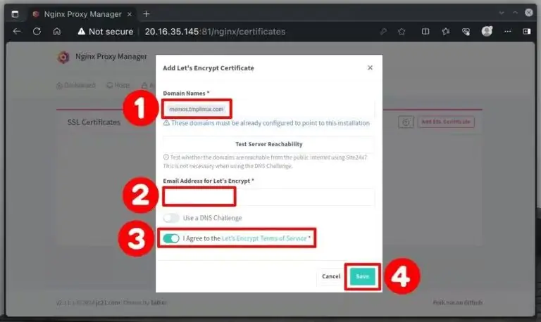 Выдача SSL-сертификата с помощью Nginx Proxy Manager.