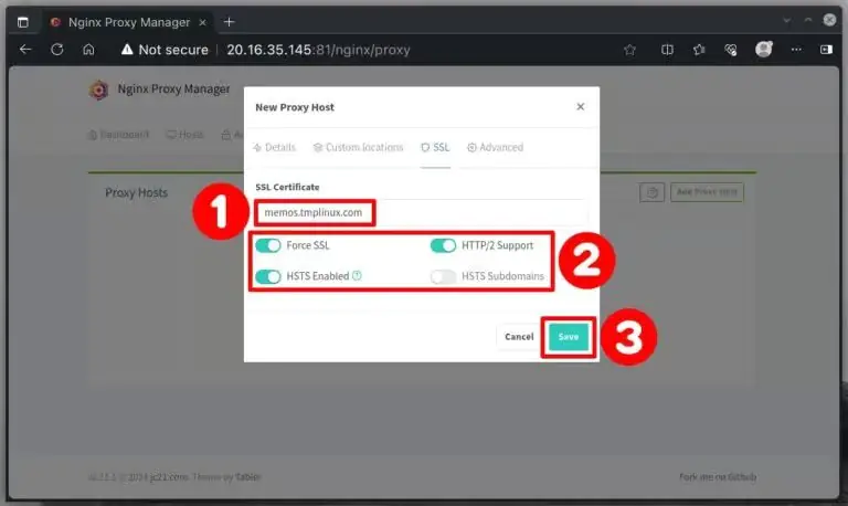 Установите SSL-сертификат в Nginx Proxy Manager.