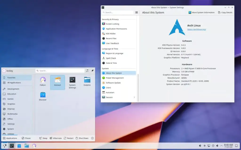 Среда рабочего стола KDE Plasma была успешно установлена в Arch Linux.