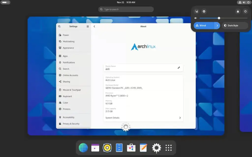 Среда рабочего стола GNOME была успешно установлена в Arch Linux.