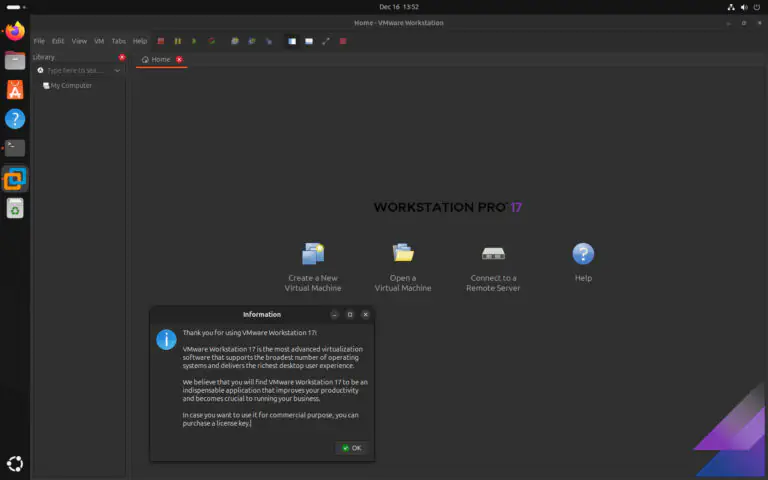 VMware Workstation Pro успешно установлена и работает в Ubuntu 24.04 LTS.