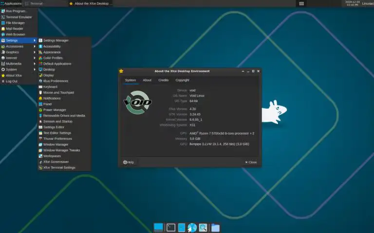 Среда рабочего стола Xfce 4.20, работающая в Void Linux.