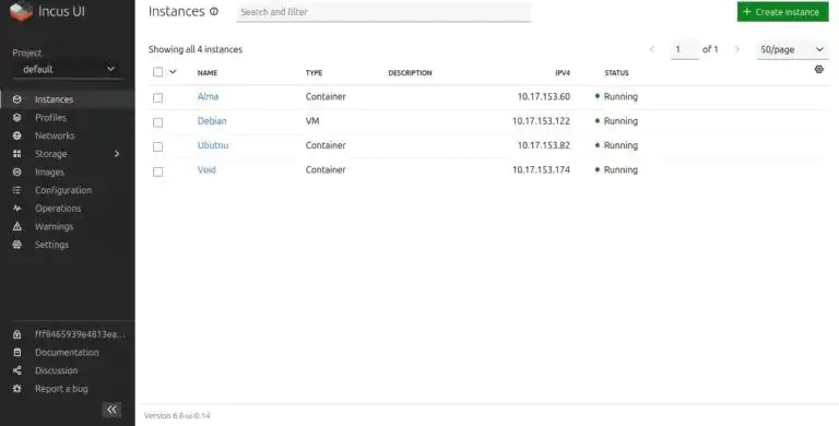 Incus 6.8 Пользовательский интерфейс веб-управления