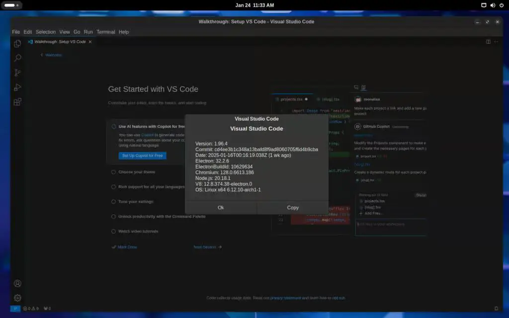 VS Code, работающий в Arch Linux.