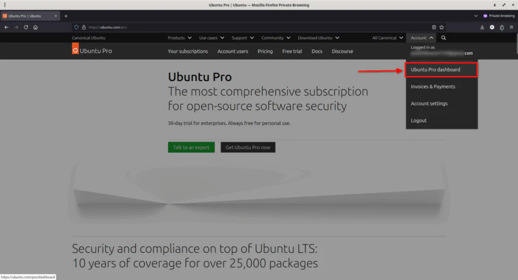 Перейдите на панель управления Ubuntu Pro