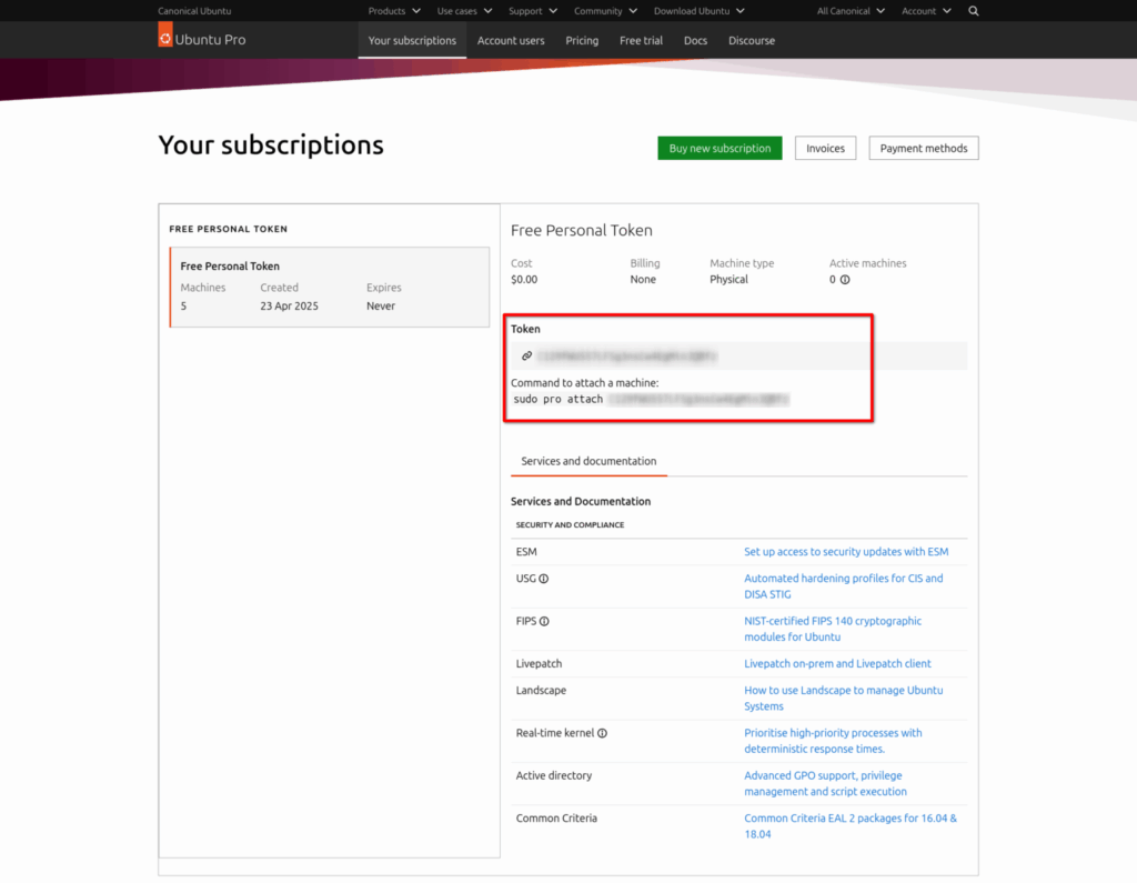 Раздел "Подписки" на панели управления Ubuntu Pro