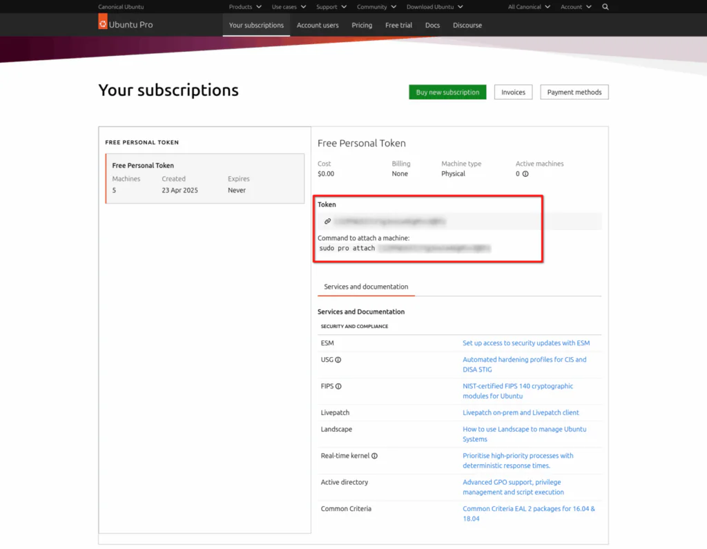 Раздел "Подписки" на панели управления Ubuntu Pro