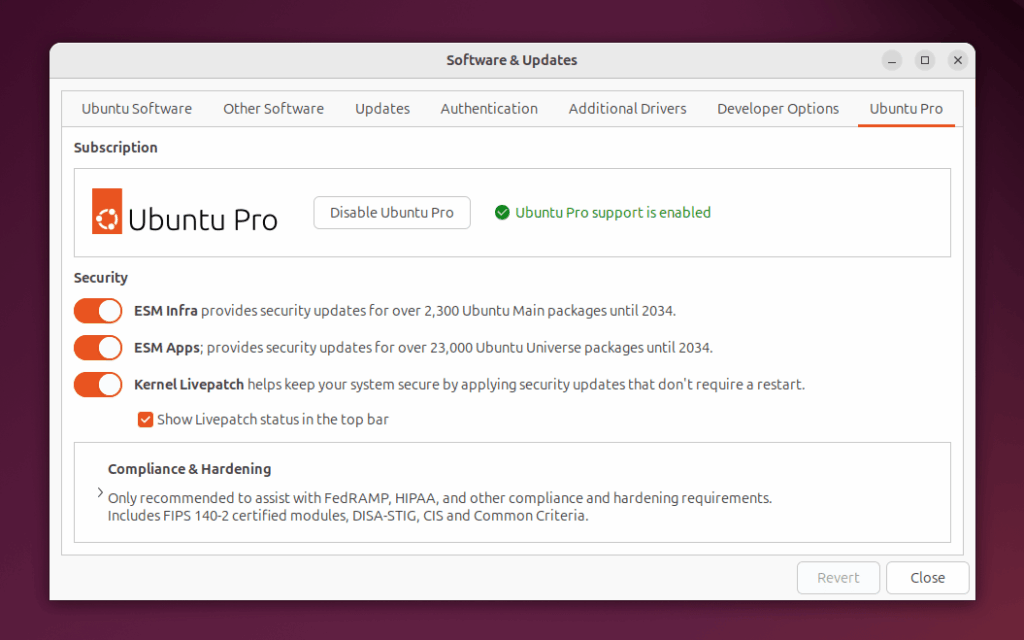 Ubuntu Pro в разделе Программное обеспечение и обновления