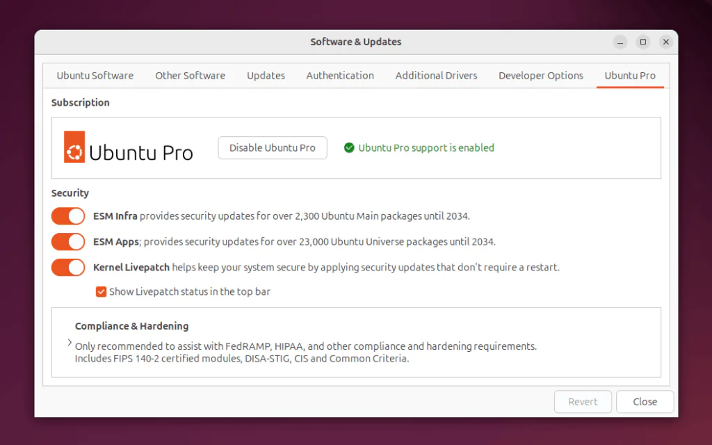 Ubuntu Pro в разделе Программное обеспечение и обновления