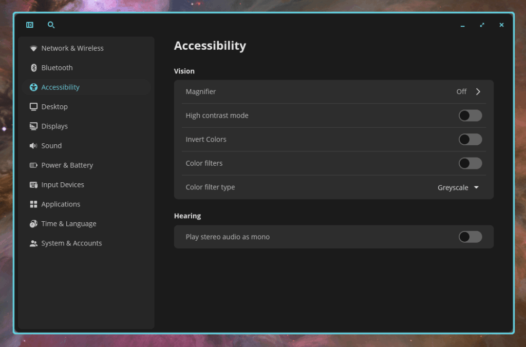 Настройки специальных возможностей в Cosmic Desktop